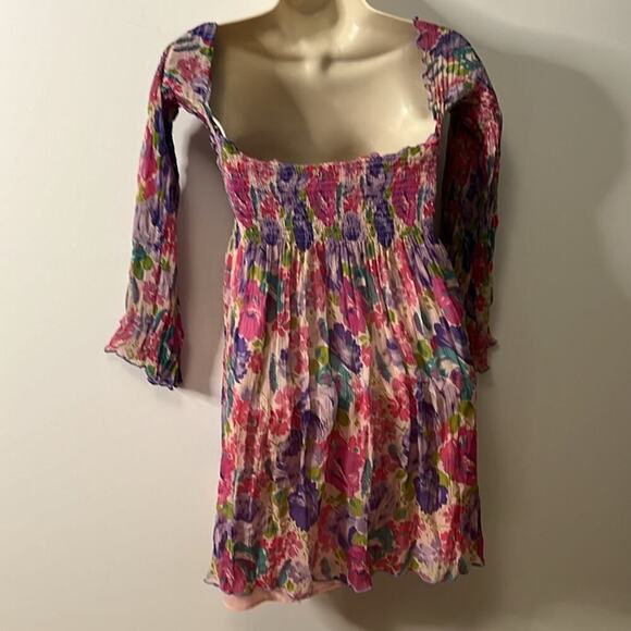 BETSY JOHNSON SILK FLORAL OFF THE SHOULDER‎ SMOCKED PUFF SLEEVES MINI DRESS SZ S - Picture 3 of 10
